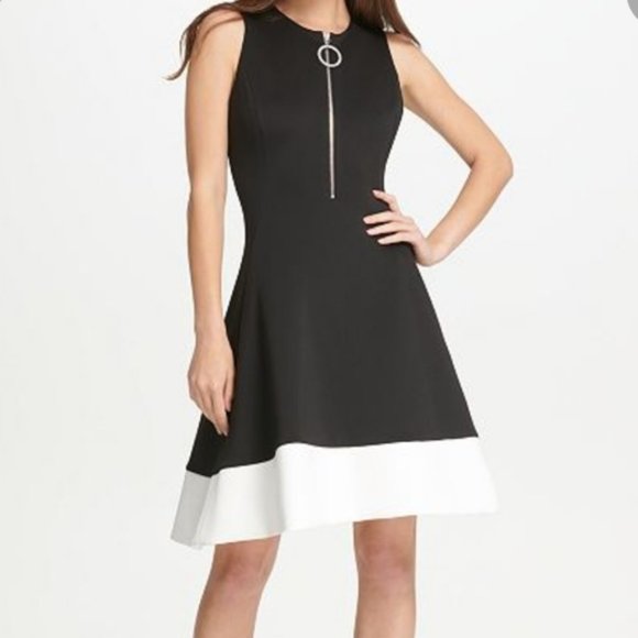 DKNY Black Dress with 5" white Ruffle Hem Medium - Picture 1 of 5